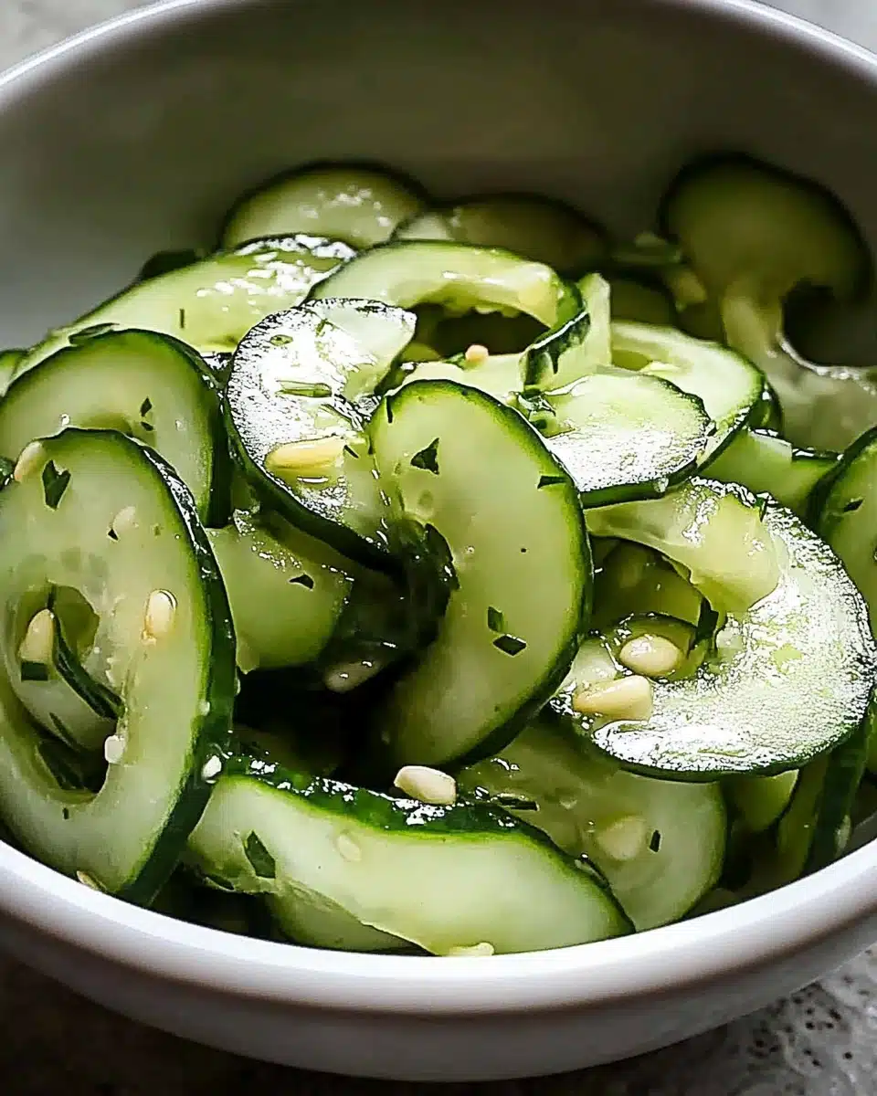 Frischer asiatischer gurkensalat aus dünn geschnittenen Gurken, Sesam, Chili und Kräutern, serviert in einer hellen Keramikschüssel.