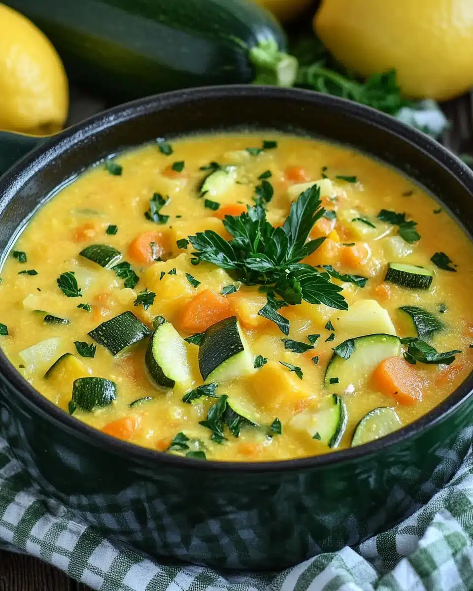 Pürierte Gemüsesuppe mit Zucchini, Karotten und Kartoffeln in einer Schüssel, garniert mit frischer Petersilie. Cremige, hausgemachte Suppe – gesund, einfach zuzubereiten und perfekt für kalte Tage. Ideales Familiengericht und beliebtes Comfort Food im Herbst und Winter.