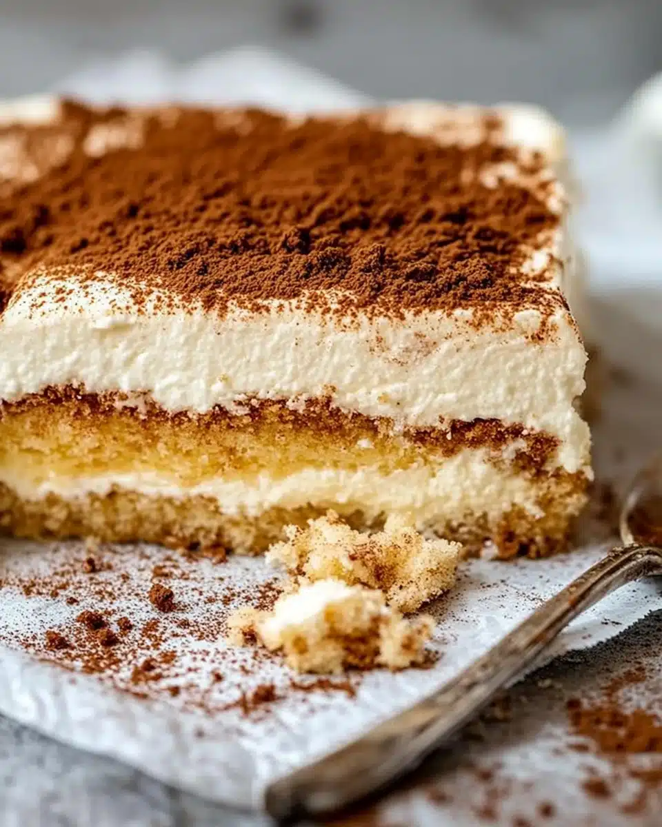Nahaufnahme eines klassischen italienischen Tiramisus mit cremigen Mascarpone-Schichten und in Kaffee getränkten Löffelbiskuits, bestäubt mit Kakaopulver, serviert auf Backpapier mit einem Löffel daneben.