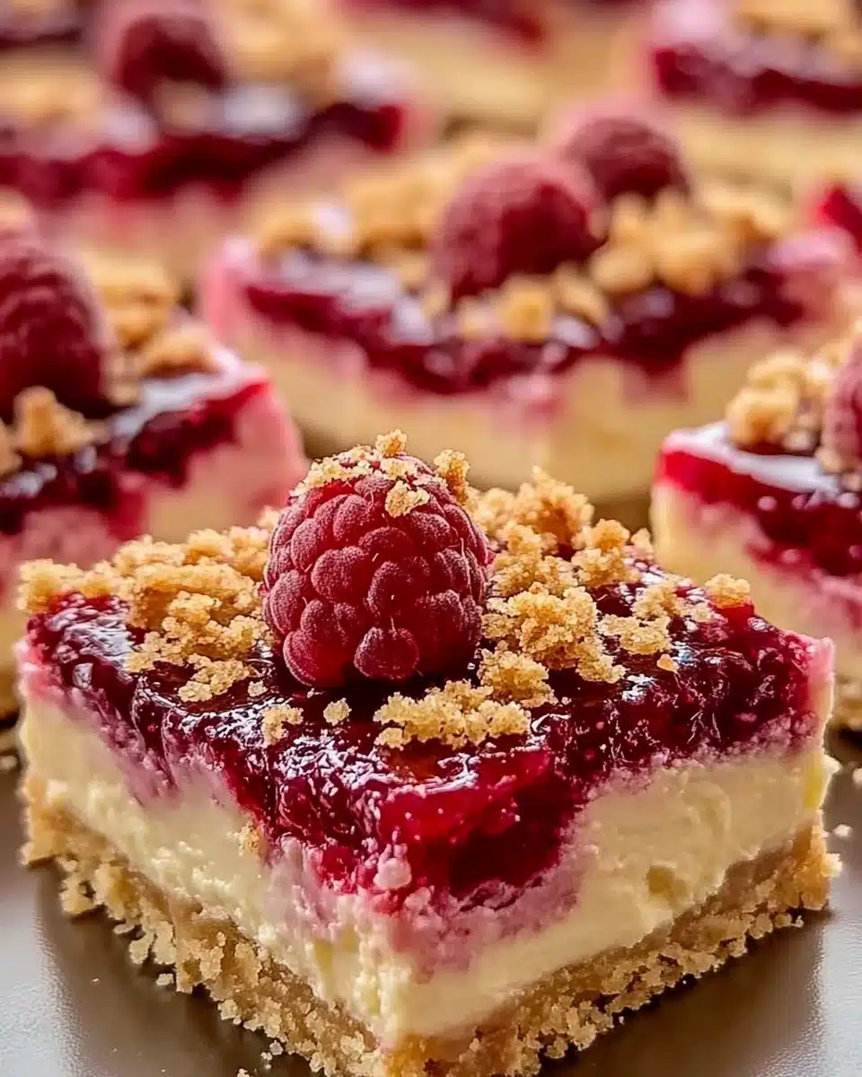 Himbeer-Cheesecake Rezept auf knusprigem Keksboden, cremige Frischkäsefüllung und frisches Himbeer-Topping, angerichtet in Stückchen mit Streuseln und ganzen Himbeeren.
