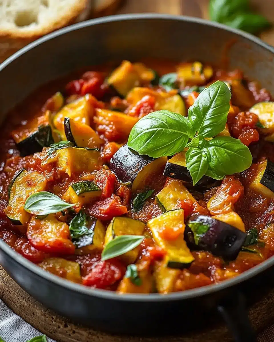 Ratatouille Rezept mit Aubergine und Zucchini im Ofen, klassisch französisch zubereitet, buntes Gemüsegericht mit Kräutern, serviert in einer Auflaufform.