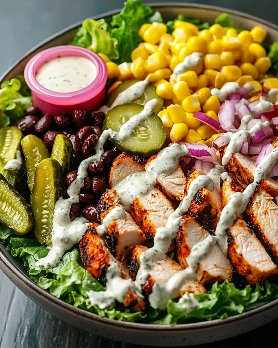 Hähnchen Salat Rezept mit gegrillter Hähnchenbrust, Mais, schwarzen Bohnen, Gewürzgurken und Blattsalat in einer Bowl, serviert mit cremigem Dressing.