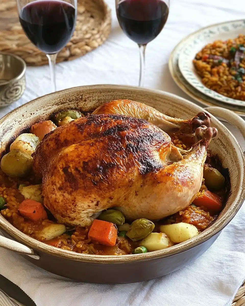 Ofenhähnchen mit Gemüse im Bräter – saftiges ganzes Hähnchen mit Kartoffeln, Karotten, Rosenkohl und aromatischen Gewürzen, frisch aus dem Ofen